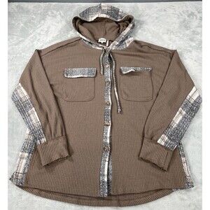BKE Womens M Waffle Knit Plaid Hooded Shacket Boyfriend Shirt Jacket Brown